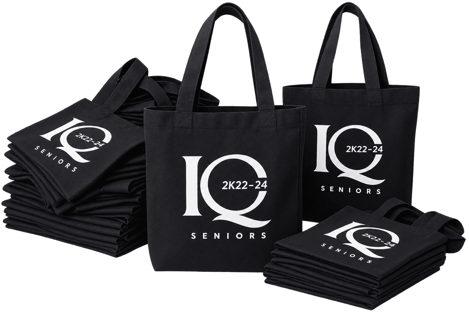 Stack of black branded tote bags printed with a bulk order's logo