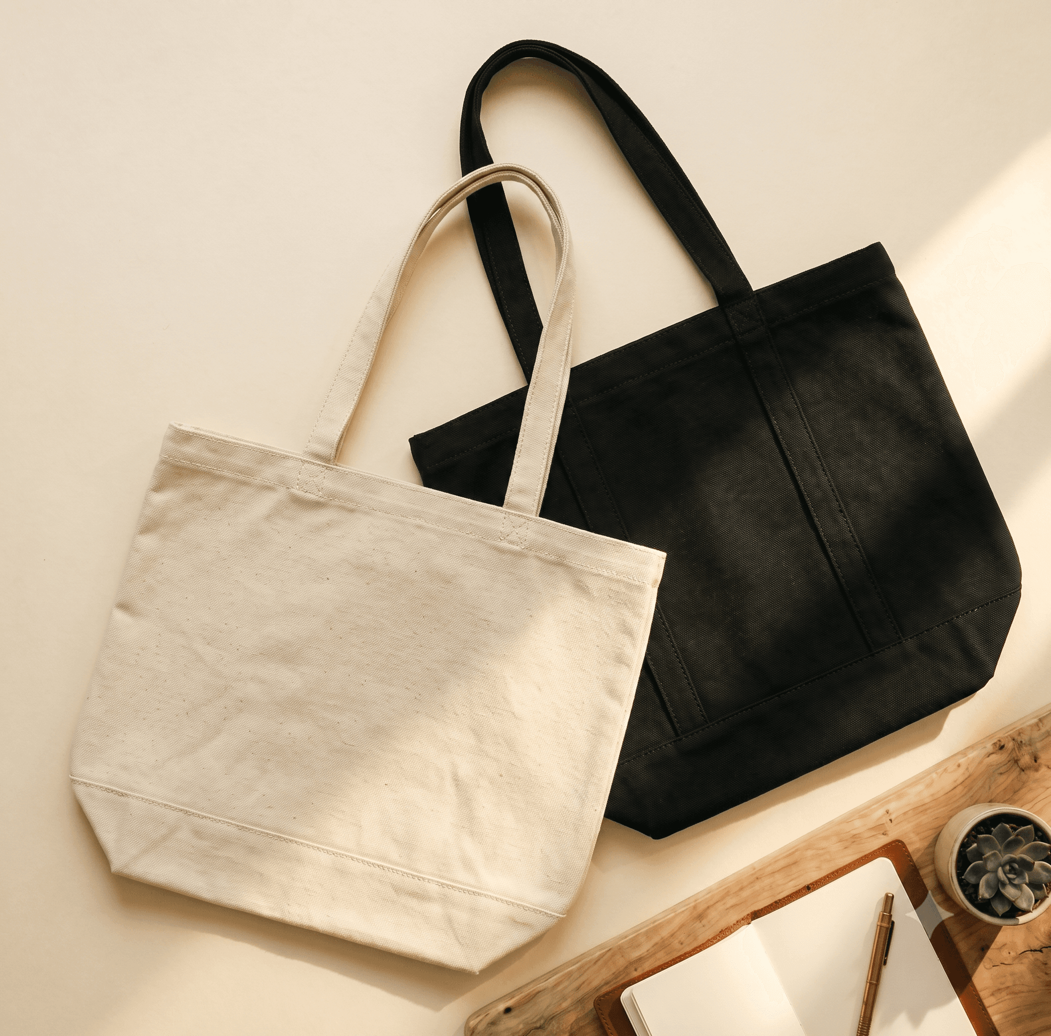 Natural and black canvas tote bags styled flat with a notebook and plant