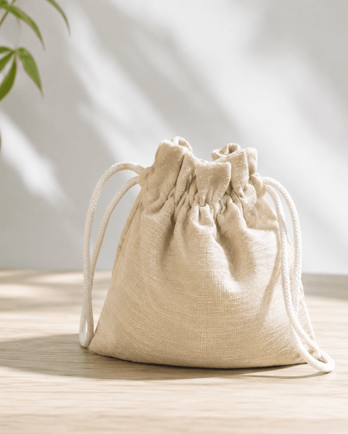 Natural linen drawstring pouch styled on a wooden surface