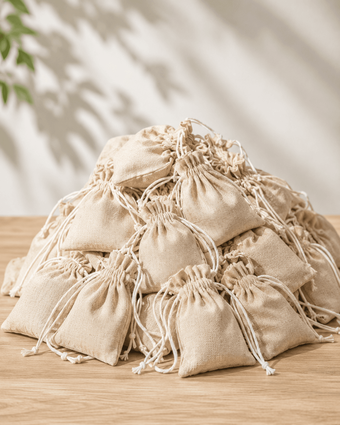 Large pile of natural linen drawstring pouches from a bulk order
